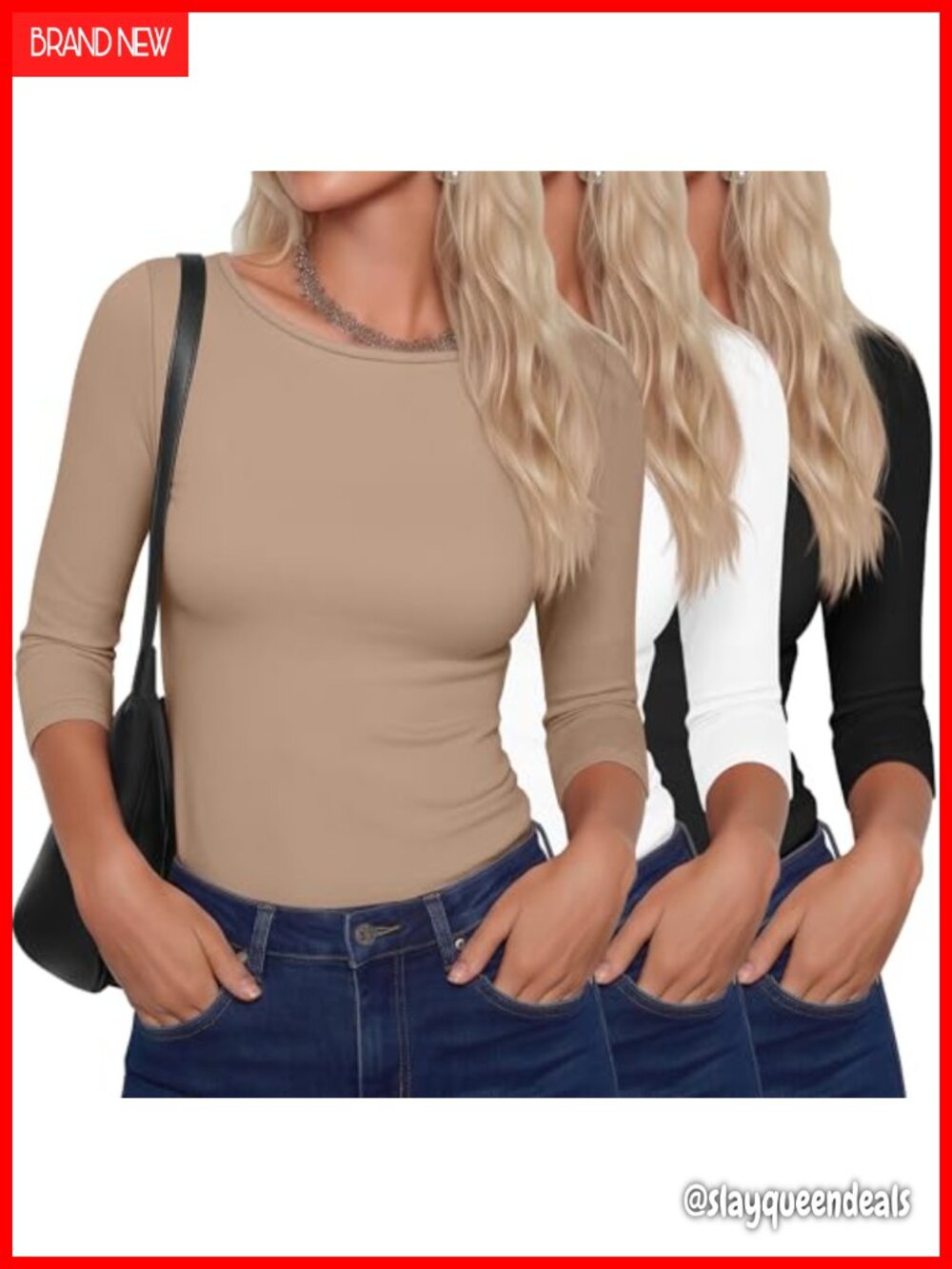3 Pack Women's 3/4 Sleeve Boat Neck T Shirts Slim Fit Tops Basics Layering